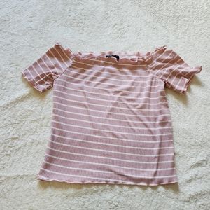 Shein pink striped off shoulder scalloped crop top XL